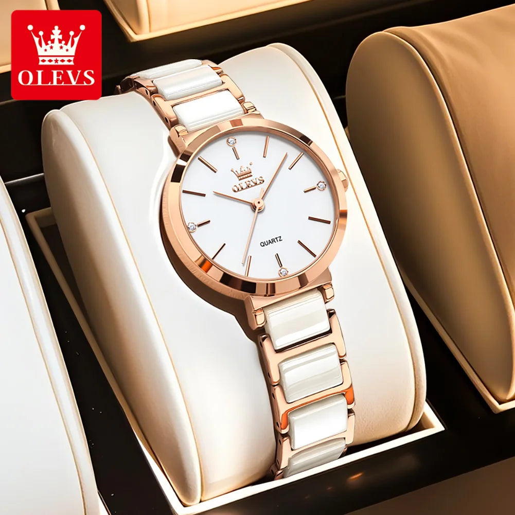 OLEVS 5877 Japan Quartz Movement Woman Watch Simple Elegant Luxury Rose Gold Ceramics Strap Waterproof Ladies Dress Wristwatch