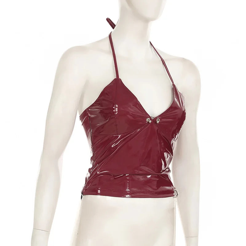 New y2k Solid Metal Button Women’s Halter Tops Sleeveless Pu Leather Punk Baddie Slim Women Blouses Streetwear Clothing Crop Top