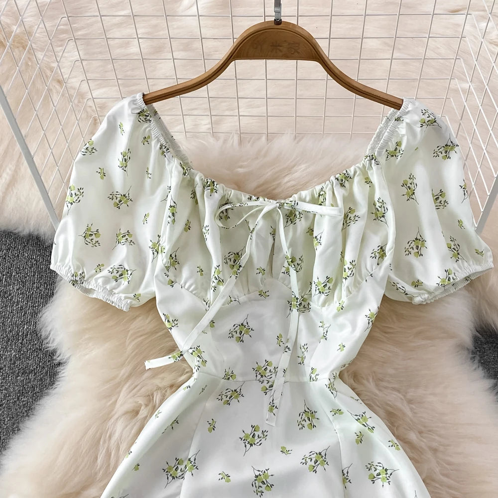 Summer Vintage Dress Blue Floral Summer Bubble Sleeve Tie Up Sexy Dresses Women A-line Print Split Long Dress Elegant Vestidos