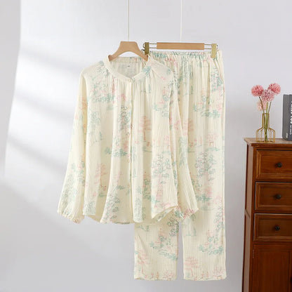 2025 New Women's Spring/Summer Pajama Set 100% Cotton Long Sleeve Long Pants Two Piece Set Large Home Clothes 01