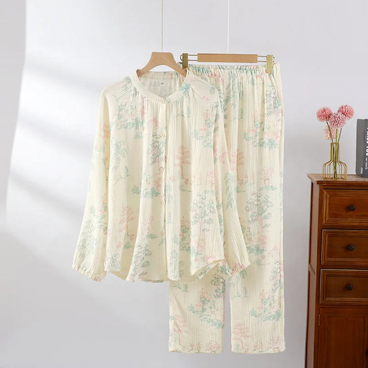 2025 New Women's Spring/Summer Pajama Set 100% Cotton Long Sleeve Long Pants Two Piece Set Large Home Clothes 01