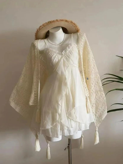 2000s Gothic Vintage Mini Dress Women Sleeveless Strap Party Dress Evening Lace Retro Cltohing Japanese Y2k Black Chic 7019 Beige Short Set