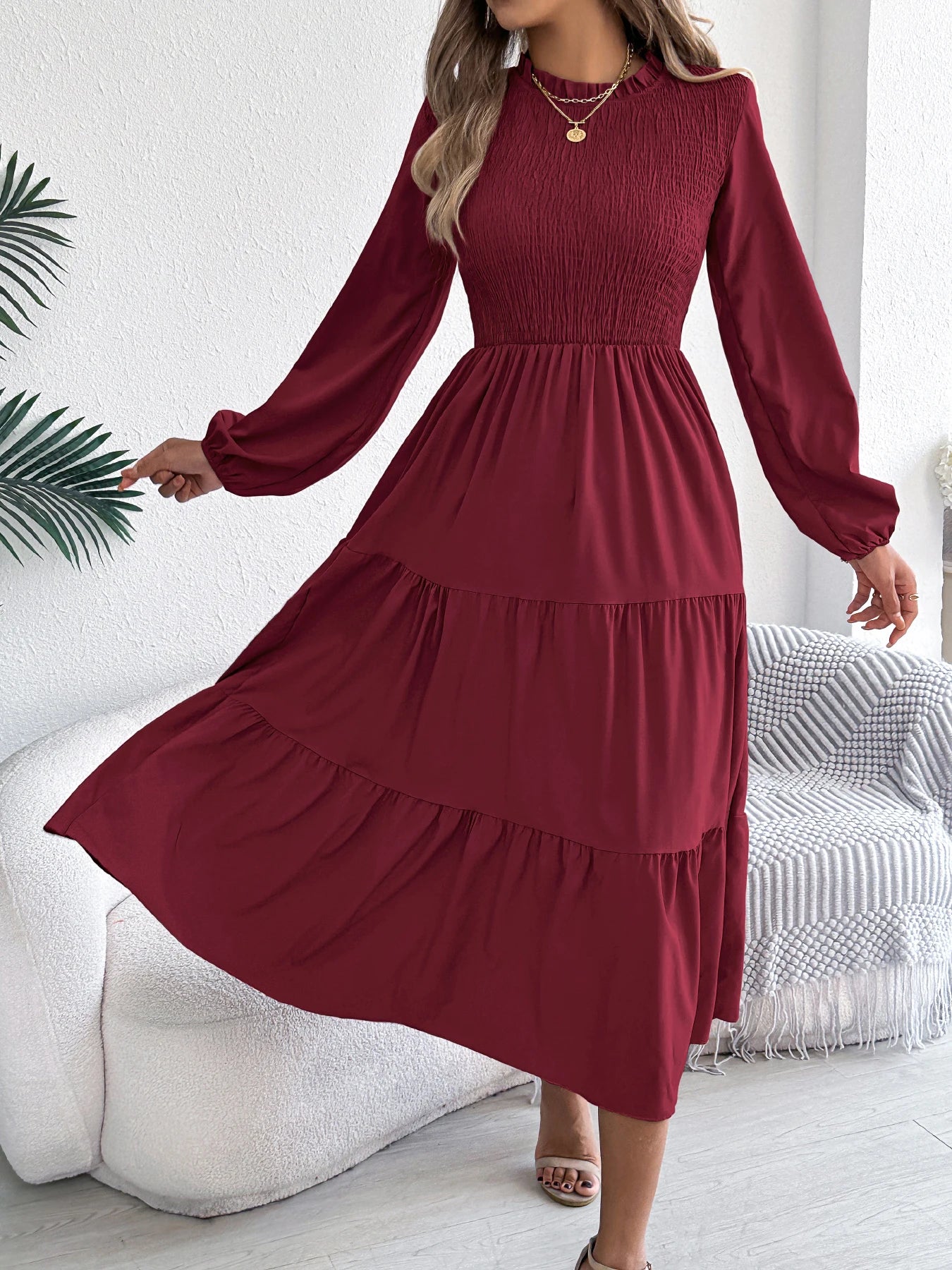 Autumn Winter Elegant Dresses for Woman Solid Color Round Neck Long Sleeve Ruffled Dresses Khaki Green Red