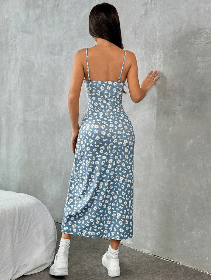 Fall 2025 Long Dress Strapless Wrap Chest High Slit Daisy Leopard Print Wrap around Skirt Maxi Dress