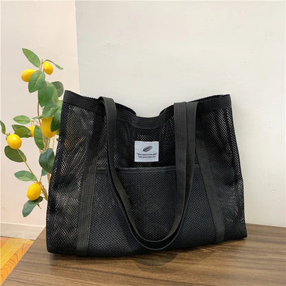 Women Transparent Mesh Shoulder Bag Fashionable Portable Shopping Travel Beach Mesh Net Tote Handbag black