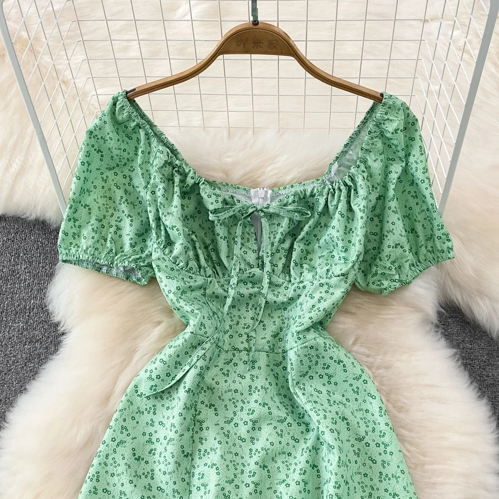 Summer Vintage Dress Blue Floral Summer Bubble Sleeve Tie Up Sexy Dresses Women A-line Print Split Long Dress Elegant Vestidos