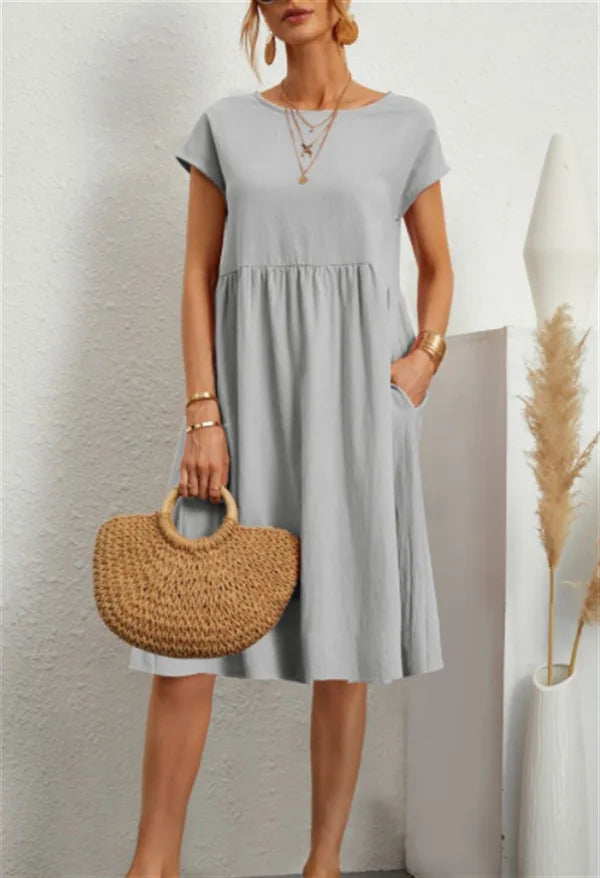 Cotton Linen Dress For Women Summer Casual Splicing Pocket Dresses Vestido Fashion Female Clothing Short Sleeve Loose Midi Dress Silver