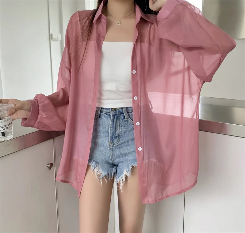 Semi Sheer Long Sleeve Shirt for Women Shimmer Button Down Collared Plain Lightweight Shirt Spring Summer Chic Tops Outfit