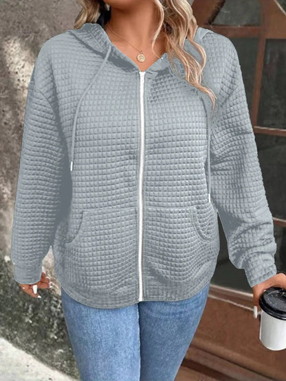 Plus size European and American cross-border autumn new casual solid color pocket zipper hooded jacket GRAY