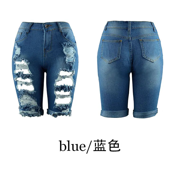 Summer New Fashion Women's American Washed Blue Solid Color High Waist Hole Patched Denim Shorts Skinny Jeans Shorts Female
