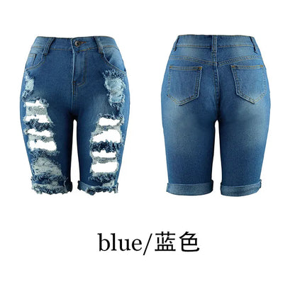 Summer New Fashion Women's American Washed Blue Solid Color High Waist Hole Patched Denim Shorts Skinny Jeans Shorts Female