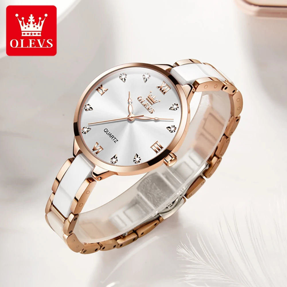 OLEVS 5872 Women Watch Elegant Luxury Original Quartz Watch Waterproof Luminous Ceramic Strap Watches For Women Bracelet Set