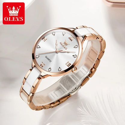 OLEVS 5872 Women Watch Elegant Luxury Original Quartz Watch Waterproof Luminous Ceramic Strap Watches For Women Bracelet Set