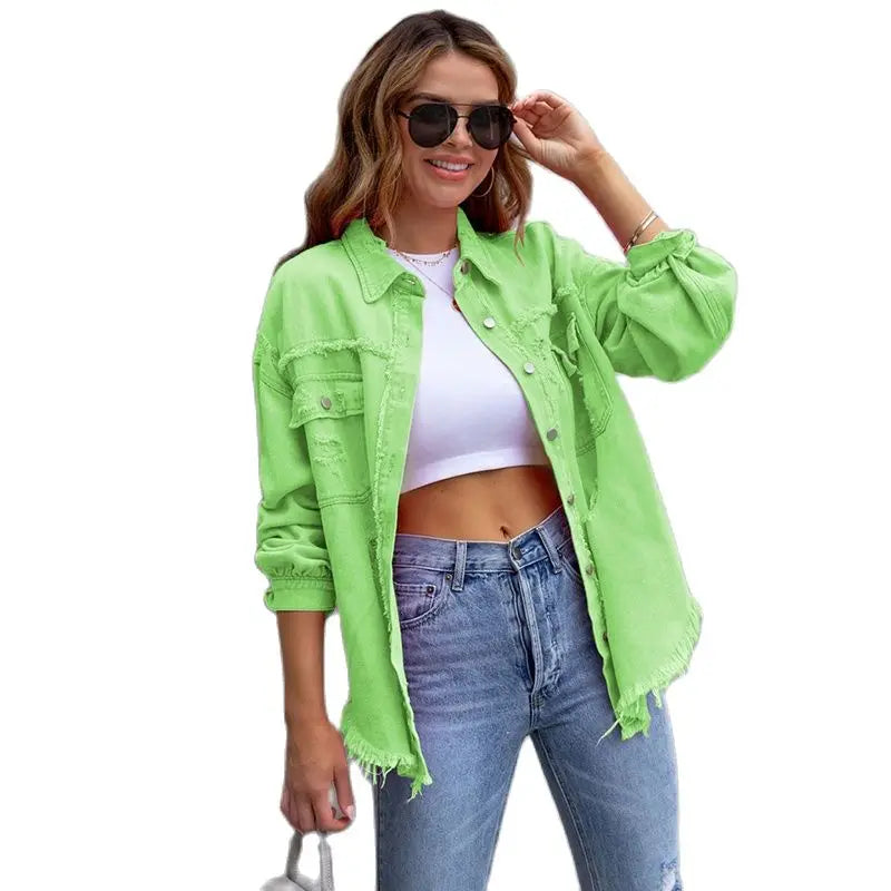 2025 Spring Autumn Shirt Style Denim Jacket Women Holes Raw-edges Jeancoat Casual Tops Female Oversize Loose Outerwear 7 Colors