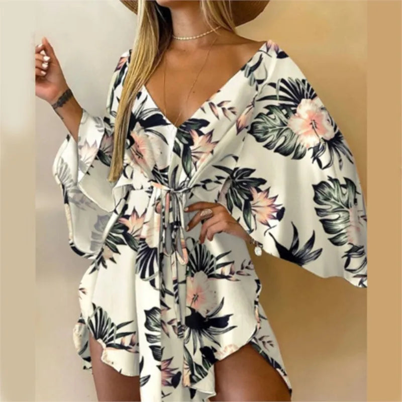 Sexy Women Mini Dress Floral Print V Neck 3/4 Bat Sleeve Lace Up Irregular Hem Casual Loose Beach Cover Up Dress Vestido Mujer