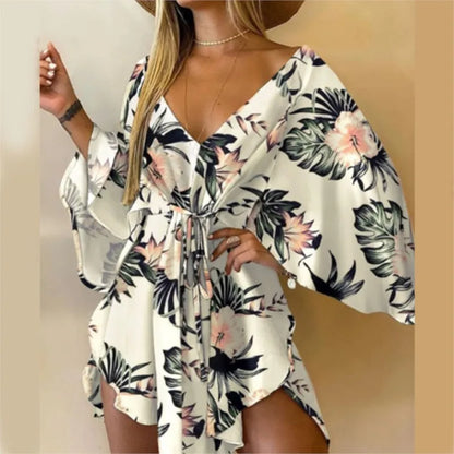 Sexy Women Mini Dress Floral Print V Neck 3/4 Bat Sleeve Lace Up Irregular Hem Casual Loose Beach Cover Up Dress Vestido Mujer