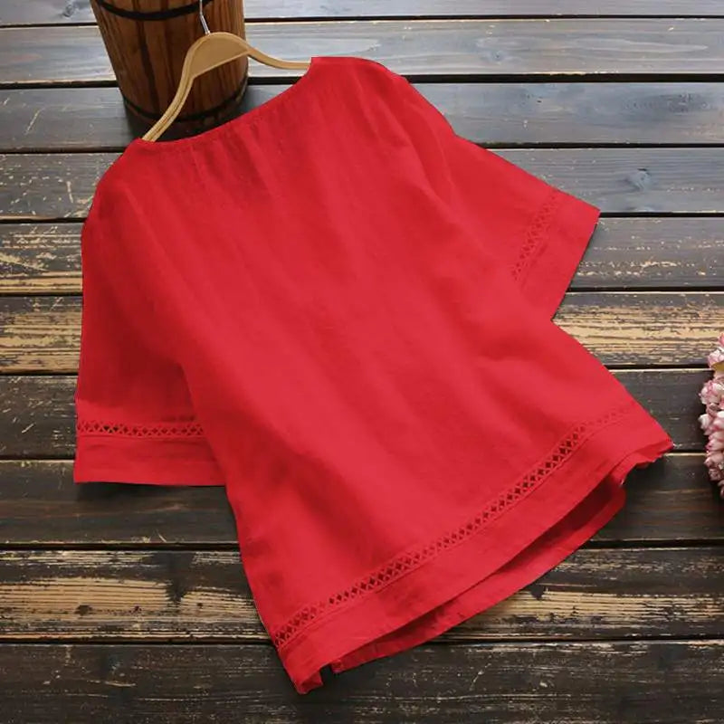 Fashion O-neck Short Sleeve White Lace Tops And Blouses Women 2024 Summer Loose Casual Cotton Linen Top Femme Blouse Shirt Woman