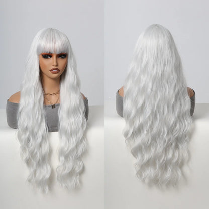 Super Long Curly Silver Synthetic Wig with Fluffy Bangs White Water Wave Hair Wigs for Women Daily Use Cosplay Colored Hair Wig