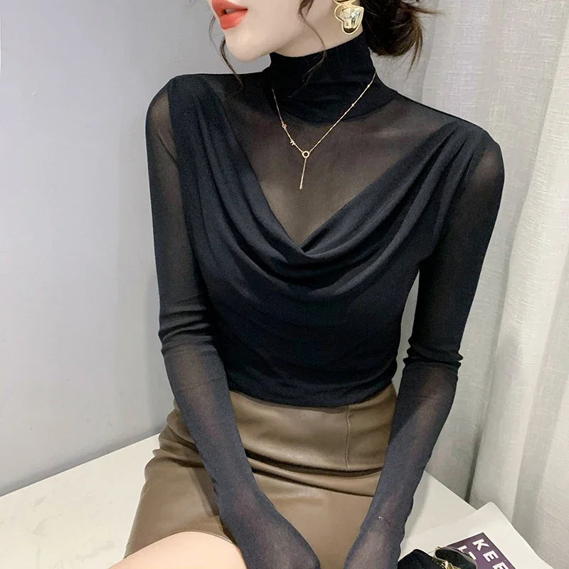 Sexy Mesh Basic T-shirts Women 2025 Fashion Turtleneck Casual Long Sleeve Y2k Tops Korean Clothes Woman Black Winter T Shirt 4XL black