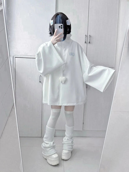 Spring Japanese Casual Solid Hoodies Women Loose Y2k Aesthetic Oversized Embroidery Coats Harajuku Zipper Grunge Sweatshirts