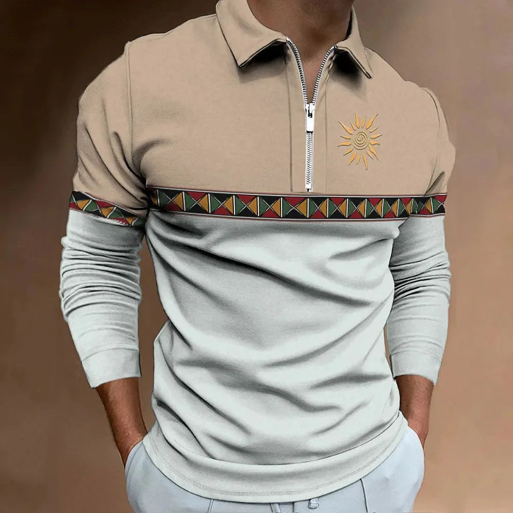 Retro Color Block Men's Polo - Stylish Long Sleeve Golf Shirt with Zipper