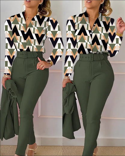 Women's Shirt 2 Pieces Suit Set 2024 Fall Print V Neck Long Sleeve Top Casual High Waist Pockets Work Female Clothes Pants Set
