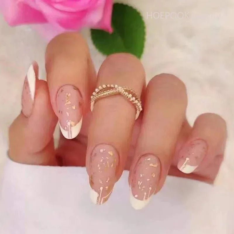 24pcs Nude French Fake Nails White Edge Almond False Nails Art Full Coverage Removable Waterproof Artificial Press on Nail W291