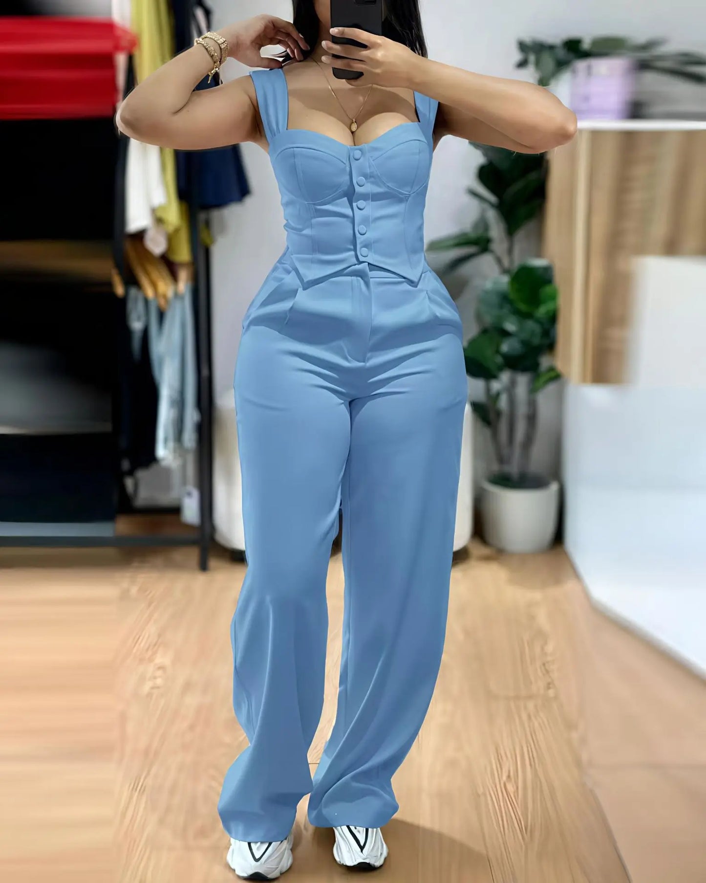 Chic Women Suit Y2k Sexy Two Piece Set Summer Sleeveless Slim Vest And Wide-leg Trouser Sets Elegant Solid Pants Women's Outfit