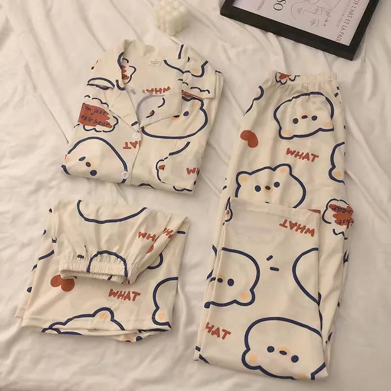 Three-Piece Set of Ladies Pajamas Short Sleeve Long Pants Student Loungewear Cartoon Cardigan Short Sleeve Shorts Cute Pajamas Apricot