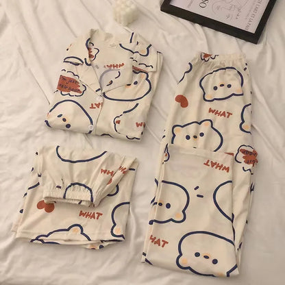 Three-Piece Set of Ladies Pajamas Short Sleeve Long Pants Student Loungewear Cartoon Cardigan Short Sleeve Shorts Cute Pajamas Apricot