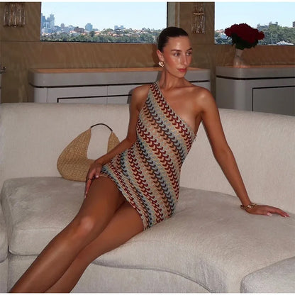 Rainbow Knitted Single Shoulder Mini Dress Women Sexy Sleeveless Waist Hugging Tight Short Dresses 2025 New Summer Party Vestido