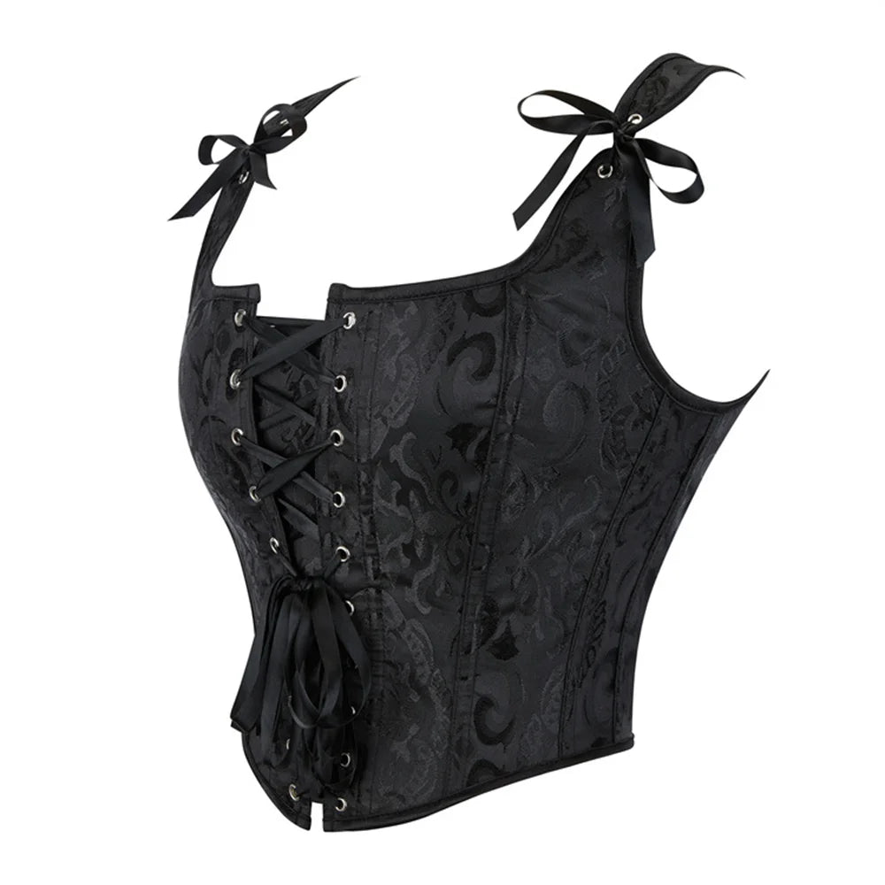 Blue Jacquard Corset Sexy Shoulder Straps Overbust Bustiers Crop Top Lace Up Brocade Vest Lingerie Gothic For Women Outfit