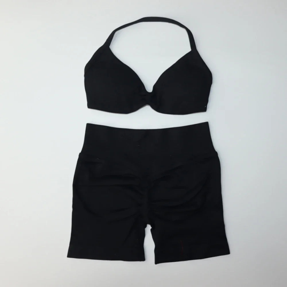 Impact Gym Set Women Two Piece Strappy Yoga Bra Top Workout Scrunch Shorts Suit Fitness Clothes Seamless Sportswear Workout Set black
