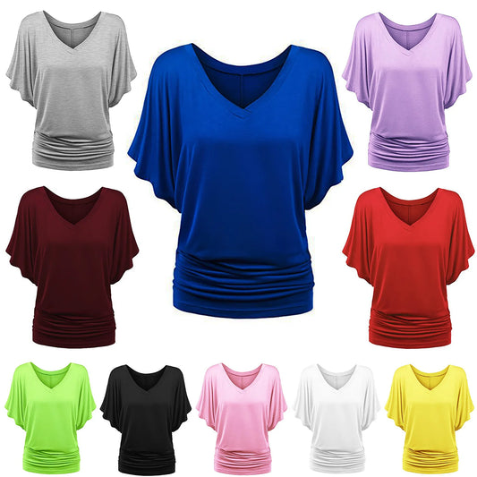Women V Neck Short Sleeve Pleated Loose T-shirts Summer Lady Batwing Sleeve Oversized S-5XL Tee Shirt Tops OUYMFZ-A1375