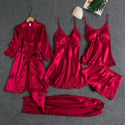 5-piece Set of Women's Sleepwear Sexy Silk Nightgown Lace Satin Nightgown V-neck Vest Breathable Comfortable Women's Nightgown