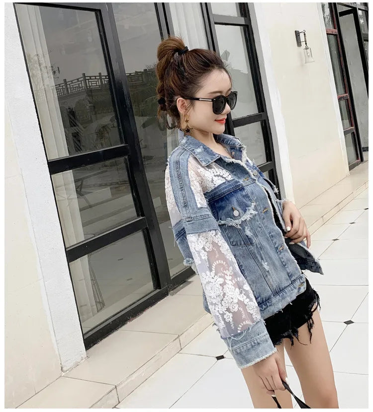 Cotton Denim Coat Women Lace Spring Autumn Ropa Cardigan Jeans Maxi Punk Gothic Bomber Jacket Windbreaker Y2k Jackets Korean