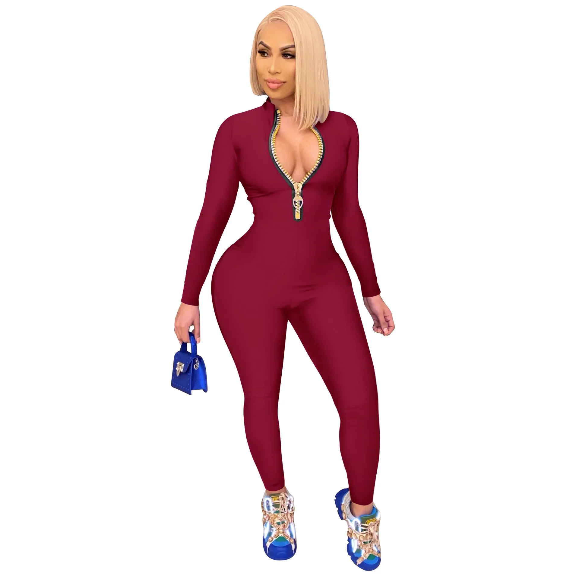 Women's Bodycon One-piece Jumpsuit Long Sleeved Big Zipper Female Casual Sport Workout Skinny Activity Wear Overalls Tops Badiee Stylez