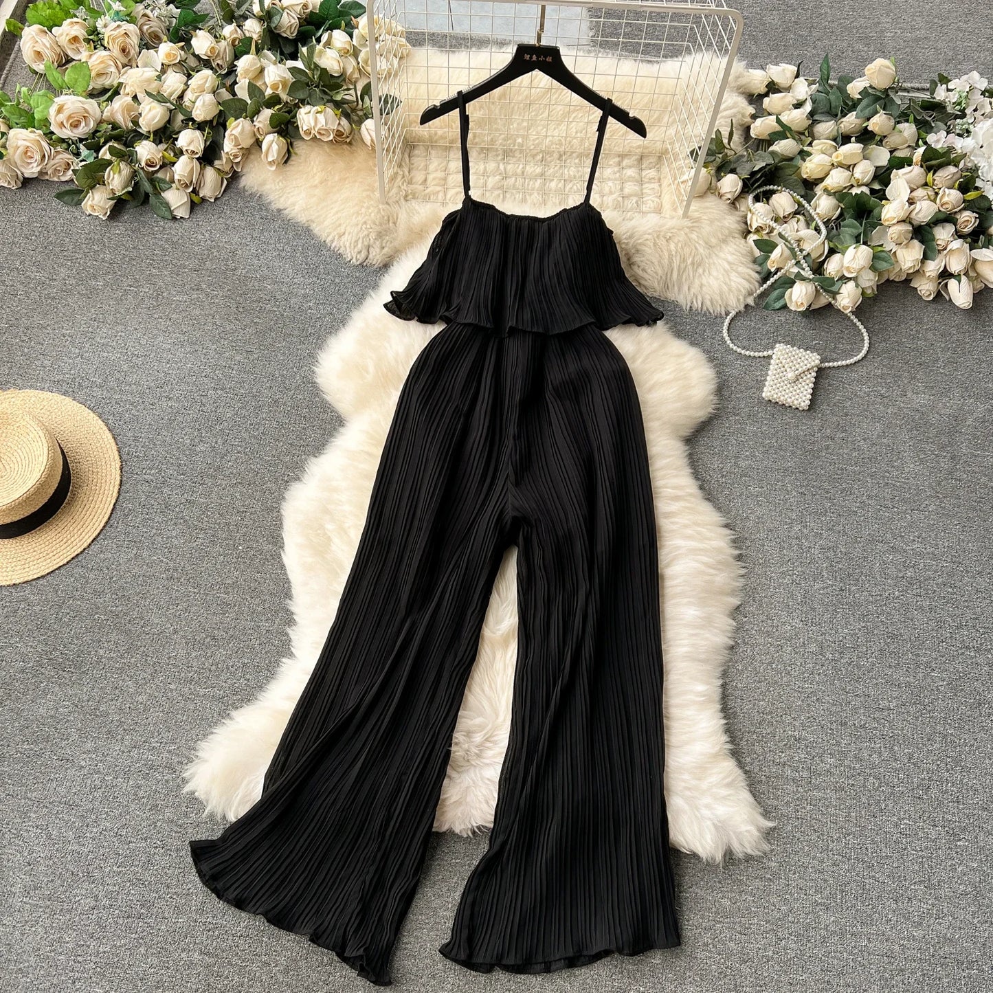 Vacation Loose Jumpsuit Strap Backless Thin Romper Streetwear Women INS One-Piece Outfit Beach Style Pleated Bodysuits black One Size