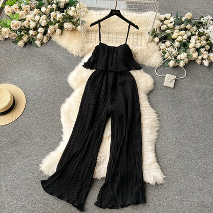 Vacation Loose Jumpsuit Strap Backless Thin Romper Streetwear Women INS One-Piece Outfit Beach Style Pleated Bodysuits black One Size