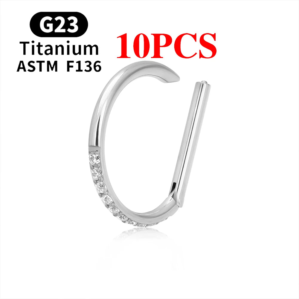 1/10PCS F136 G23 Titanium Piercing Nose Ring D Shape Hinged Segment CZ 16G Clicke Cartilage Tragus Helix Earrings Body Jewelry 10PCS Silver Color 1 CHINA