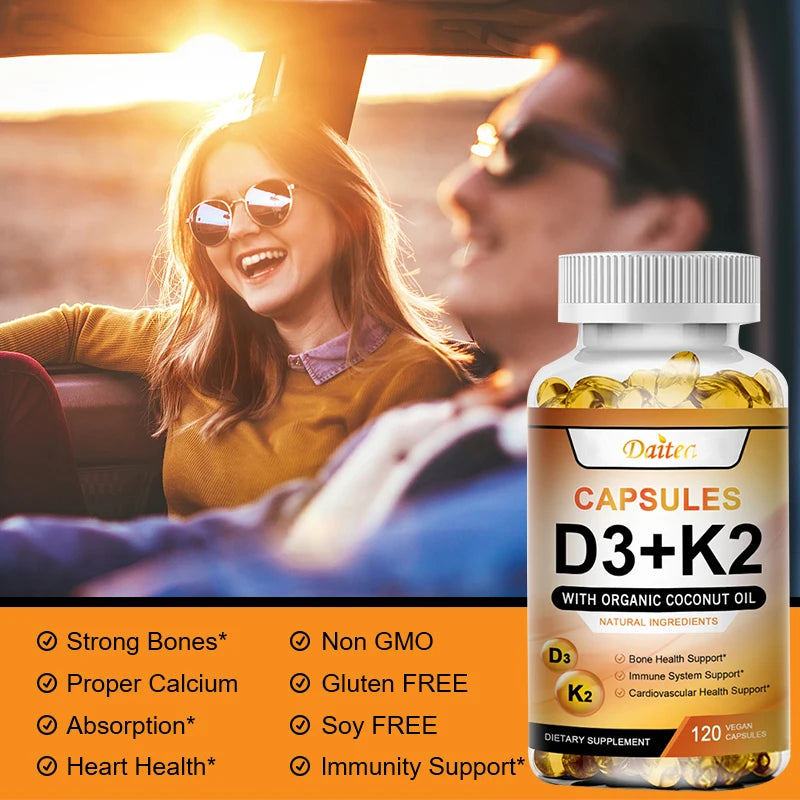 Vitamin K2, D3 supplement to support the immune system and improve body and bone health. 120 capsules