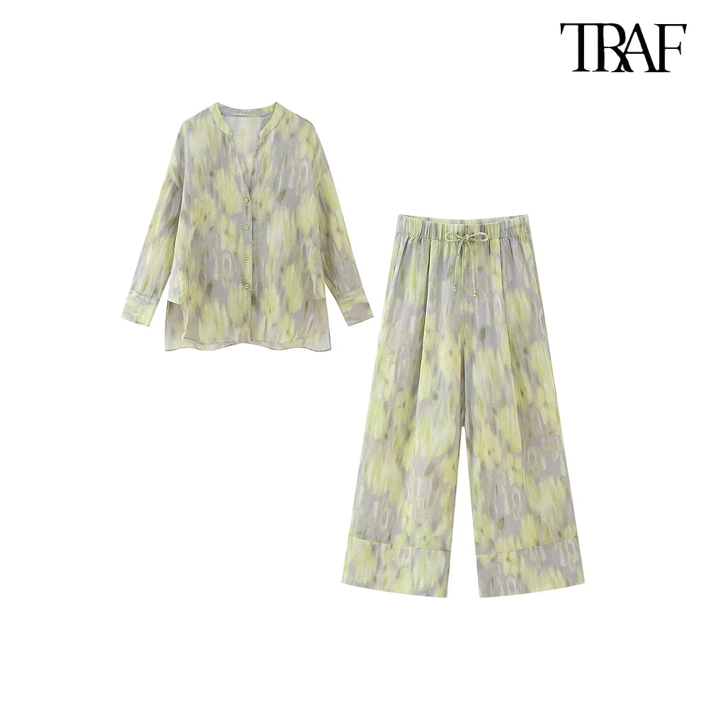 TRAF Women's single-breasted V-neck long-sleeved shirt Drawstring high-waisted wide-legged trousers Retro Printed Cotton Set