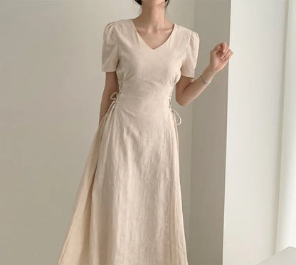 Cotton Linen Dress Long New Hot Sales Woman Short Sleeve Solid Retro Vintage Long Dresses