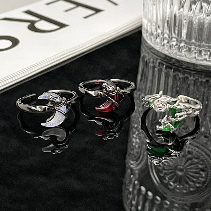 Y2K Moon Rose Ring Irregular Black Women Neo Gothic Hot Girl Design Sense Ring Anime Deep Red Moon Aesthetics Ring Jewelry Gift