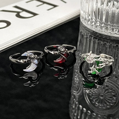 Y2K Moon Rose Ring Irregular Black Women Neo Gothic Hot Girl Design Sense Ring Anime Deep Red Moon Aesthetics Ring Jewelry Gift