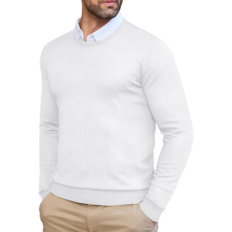 Autumn Men's Dress Crew Neck Sweater Slim Fit Lightweight Sweatshirts Knitted Pullover Casual Fashion Long Sleeve Sweater White