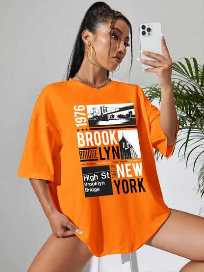 New York Brooklyn 1976 Printing Women T-Shirt Creativity Casual Tee Shirts Street Hip Hop Short Sleeve Basic All-Match Tshirts Orange