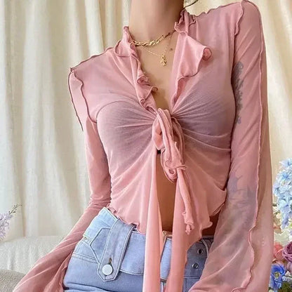 Long Flare Sleeve Sexy Sweet Hot Girls Korean Blouses for Women Lace-up Mesh Fashion Style All-match Solid Design Elegant Casual Pink One Size
