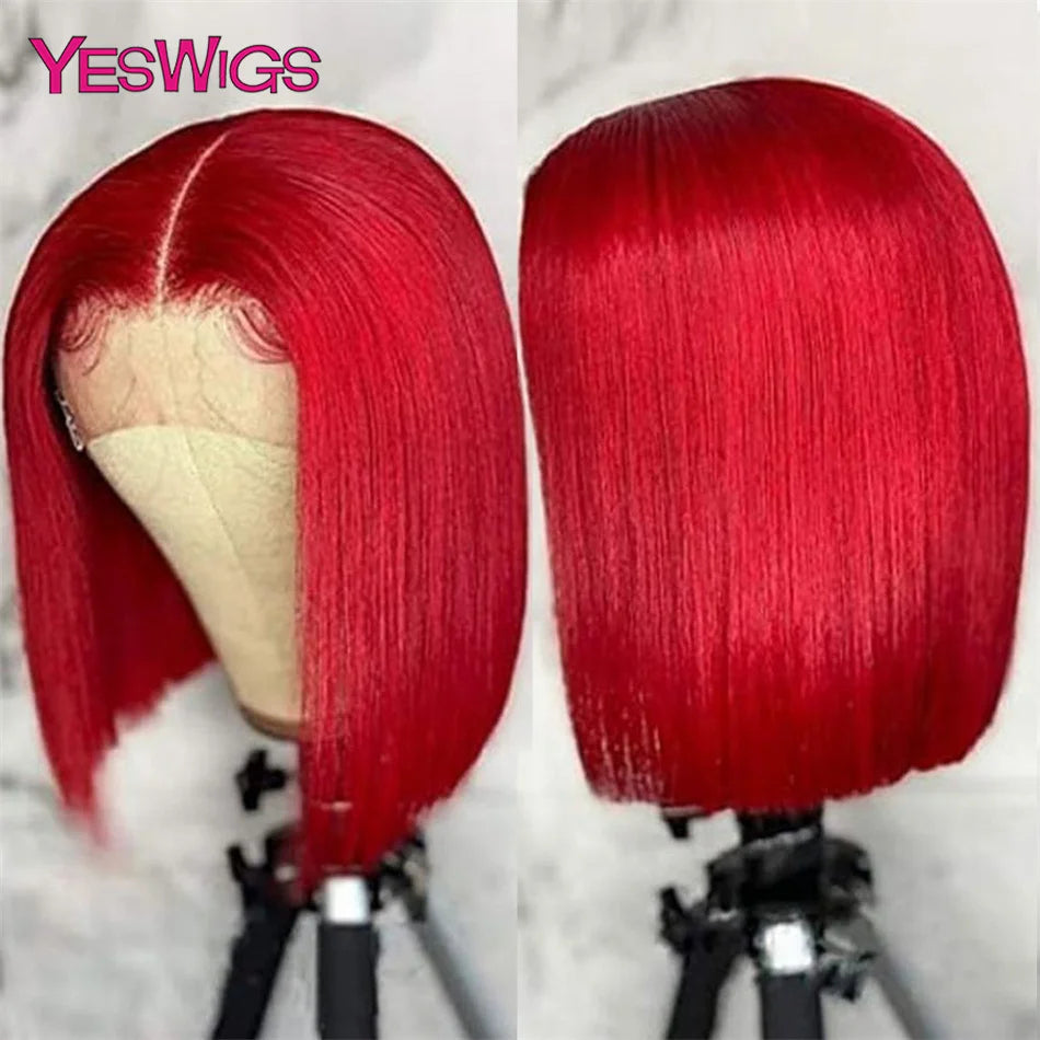 Short Bob Wig Hot Red Burgundy 99j Colored Brown Lace Front Human Hair Wigs Bone Straight Bob Wig Lace Frontal Wigs For Women - Badiee Stylez