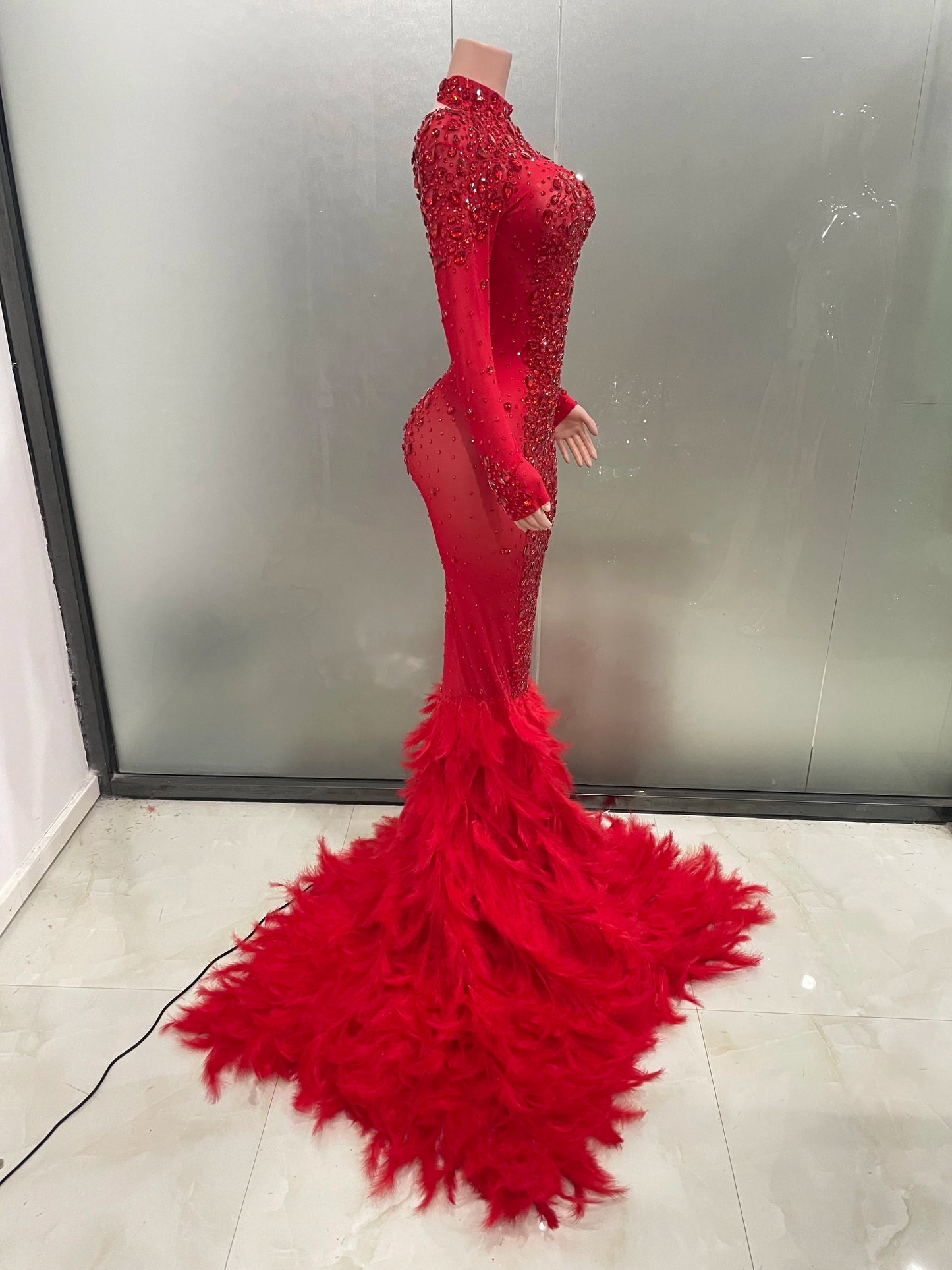Luxury Sparkling Red Crystals Feathers Mermaid Long Sleeve Maxi Dress Women Formal Occasions Wedding Celebrate Party Prom Gown Badiee Stylez
